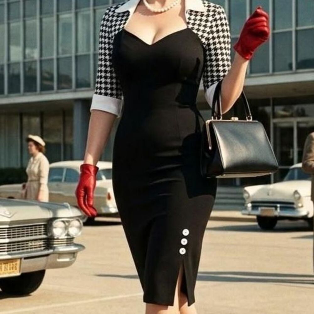 VINTAGE 60s Houndstooth & Black Wiggle Dress - Fits Med (M) pinup rockabilly